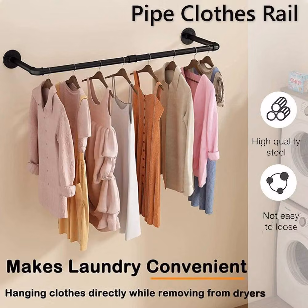 FLAVORA Industrial Pipe Wall Mounted Clothing Rack in Matt Black, W: 100 cm, D: 15 cm, H: 92 cm – 3