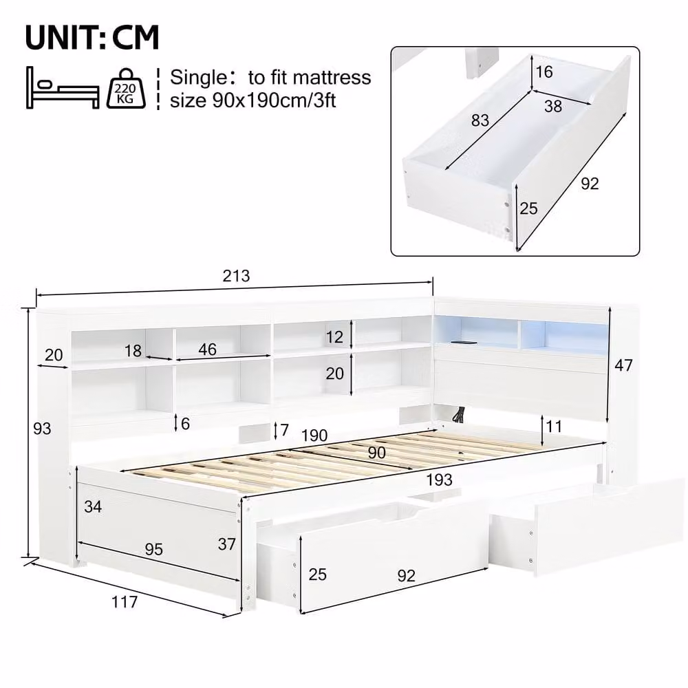 ModernLuxe Single Daybed in White with Storage Drawers, LED Lighting and USB Charging Port, W/D/H: 190 x 90 x 117 cm – 3