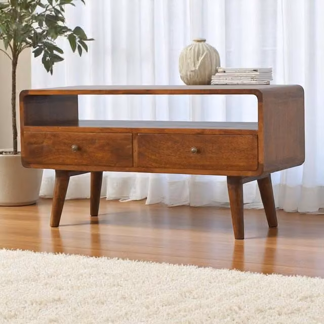 Aosom UK Solid Mango Wood Curved Media Unit in Brown with 2 Drawers and Open Shelf, W/D/H: 90 x 35 x 47 cm – 1