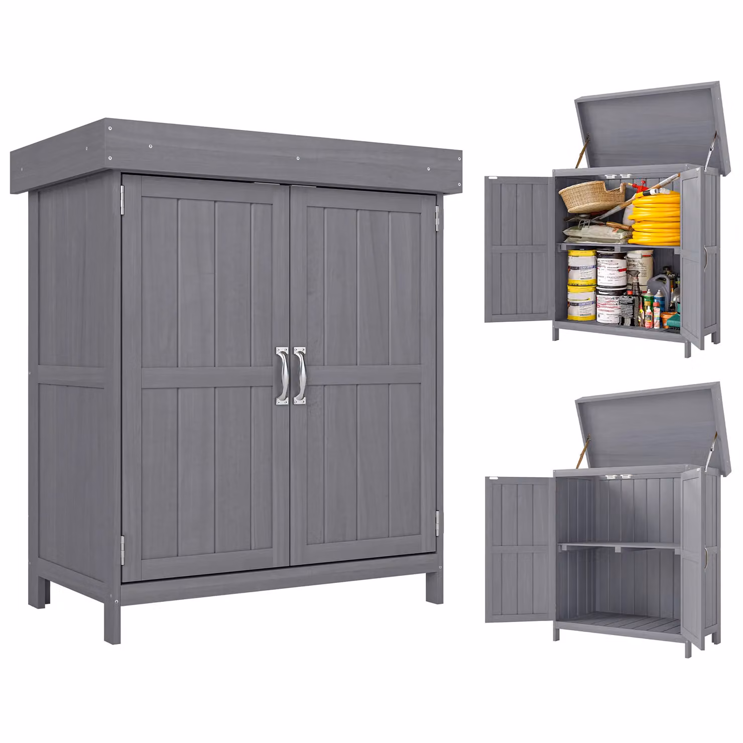 Outsunny Wooden Double Door Garden Storage Shed with Shelving in Grey – 3