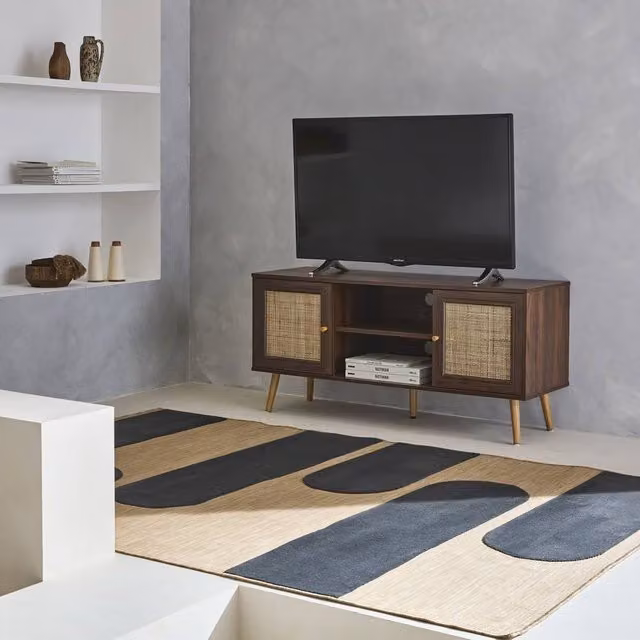 Sweekeet Boho Style Wooden TV Unit with Cane Effect and 2 Doors in Dark Brown, Width: 120 cm