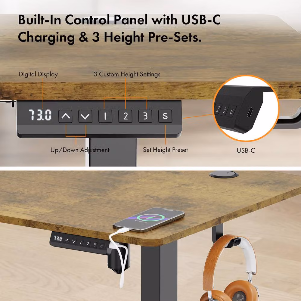 VonHaus Electric Height Adjustable Standing Desk with USB-C Charging in Brown, W/D/H: 140 x 60 x 72 cm – 5