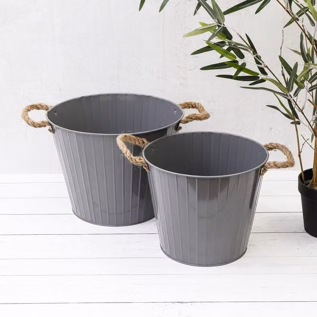 Annibells Grey Gloss Ribbed Metal Bucket Planter, Diameter: 22 cm