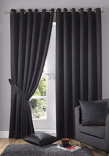 IT IDEAL TEXTILES Black Dotted Eyelet Curtains, Opaque Polyester, W: 225 cm, H: 270 cm