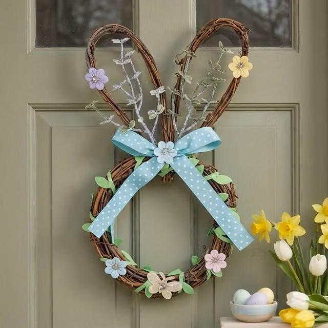 Garden Greatness Springtime Bunny Head Easter Door Wreath, Multicolour Rattan Hanging Decoration, W/D/H: 30 x 25 x 10 cm