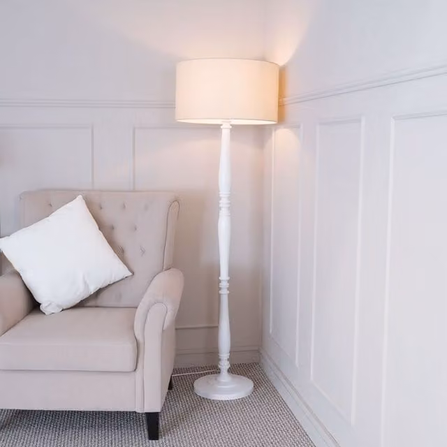 ValueLights Victoria White Wood Traditional Stem Floor Lamp with Beige Fabric Cylinder Shade – 1