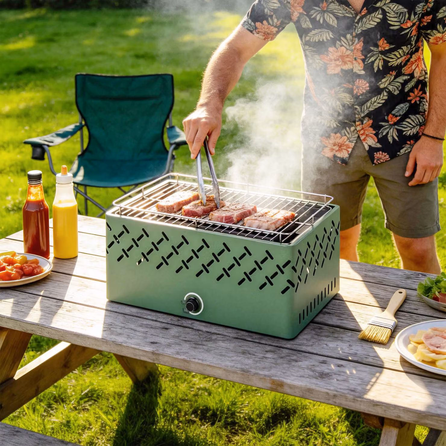 Outsunny Portable Charcoal Tabletop BBQ Grill with Built-in Fan, Green – 8