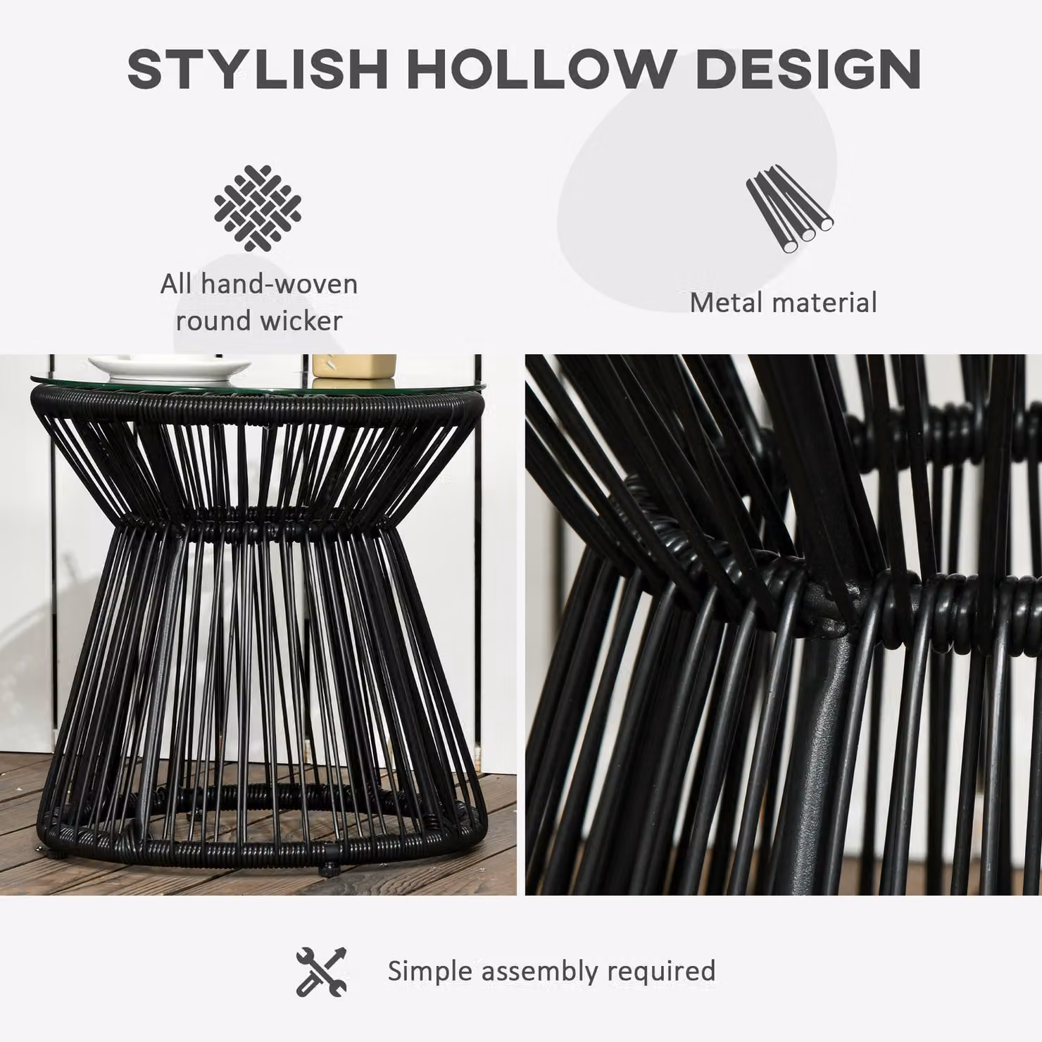 Outsunny Round Rattan Side Table with Glass Toptop in Black – 5