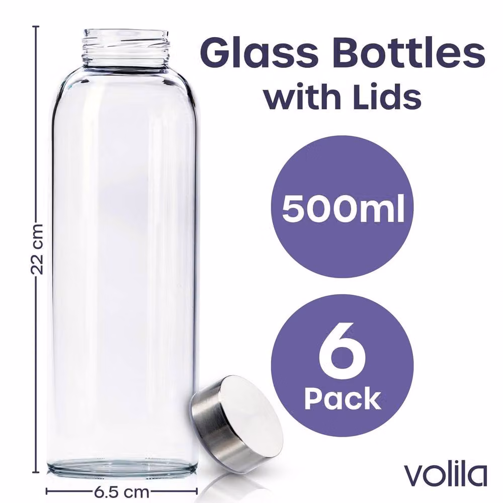 Volila 6 Pack Leakproof Clear Glass Bottles with Lids, Brush and Labels, 500ml each – 2
