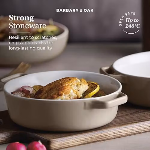 Tower Nattura Set of Two Round Stoneware Gratin Dishes with Handles, Beige, Diameter: 21.5 cm – 9