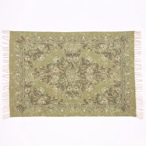 Esselle Kew Antique Printed Small Rug with Fringes in Green, W/D: 120 x 170 cm