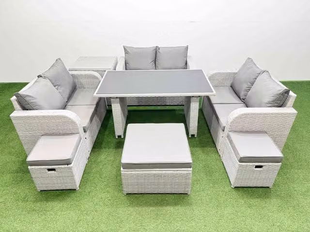 Fimous 9 Seater Rattan Garden Furniture Set with Side Table and 3 Stools in Light Grey