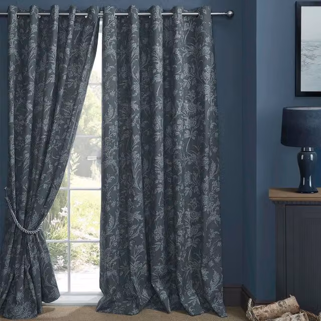 Laura Ashley Lloyd Midnight Blue Floral Cotton Eyelet Curtains