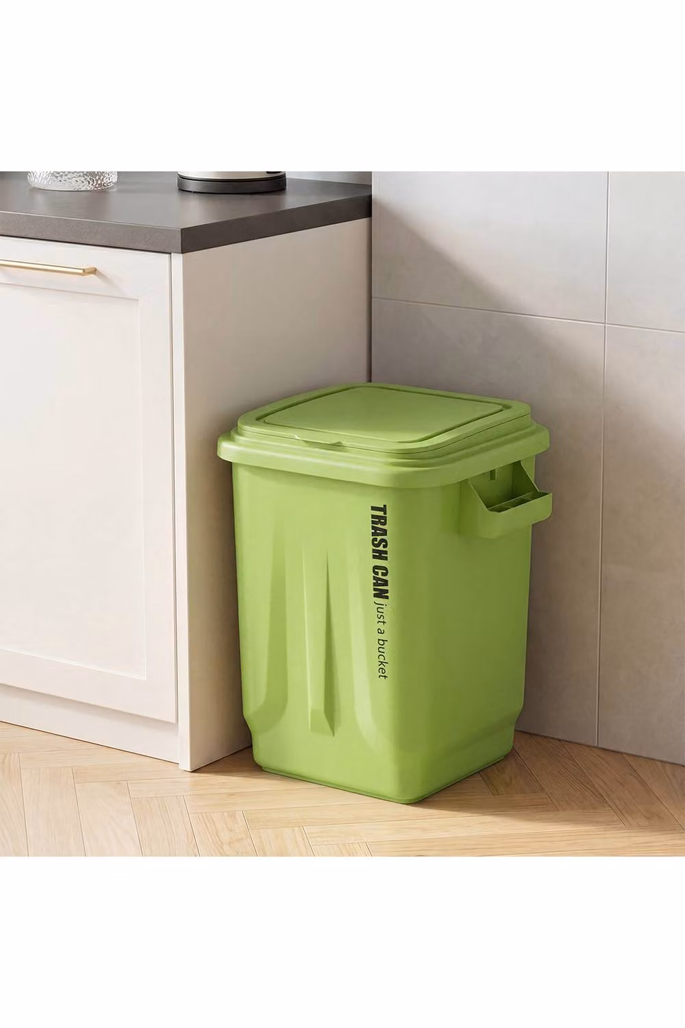 Living and Home 23L Industrial Style Plastic Rubbish Bin with Flip Lid in Green, W/D/H: 24 x 30 x 23 cm – 2
