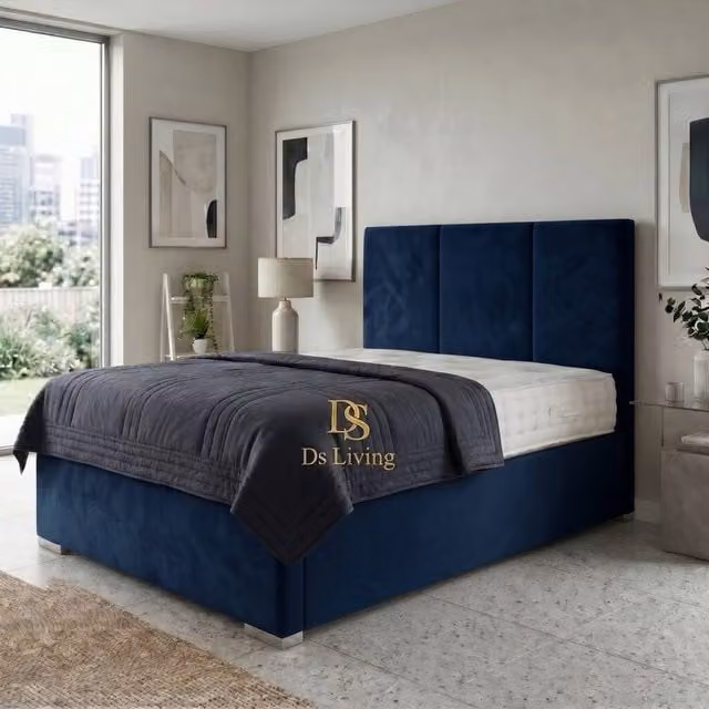 DS Living Whitehall Blue Velvet Upholstered Divan Bed Frame with Drawers, W/D/H: 200 x 200 cm – 1