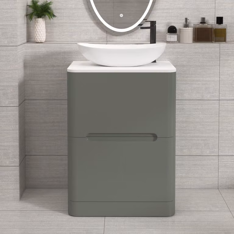 Royal Bathrooms Venice 600mm Sage Green Floor Standing 2 Drawer Vanity Unit with Plain White Worktop and Cesar Basin