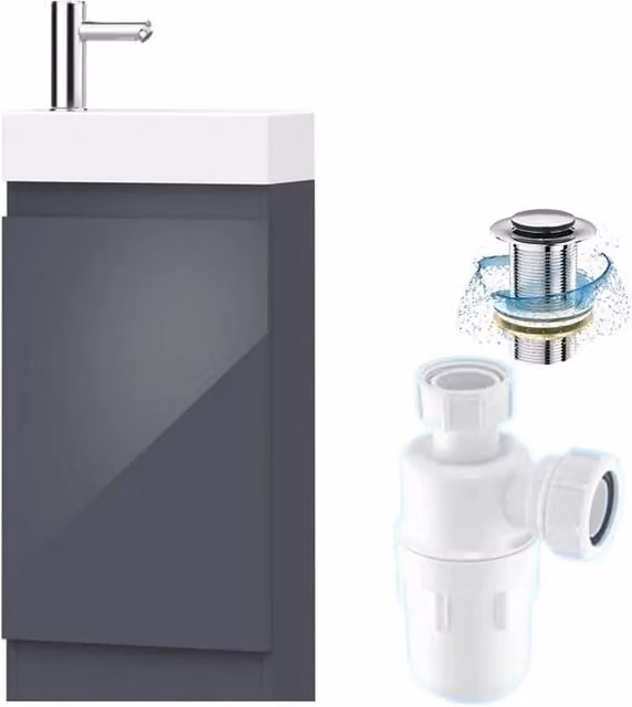 FORGEVIO Denvor Grey Freestanding Bathroom Vanity Unit with Glossy Finish and Internal Shelves – 1