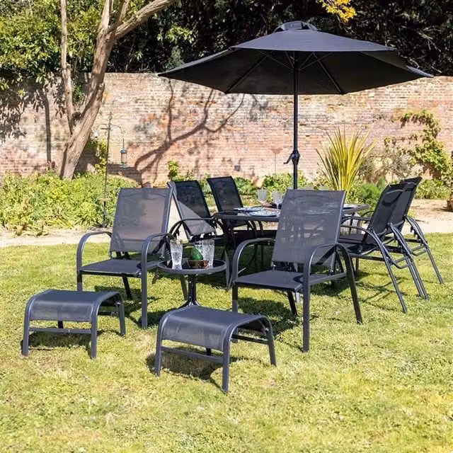 Hectare 6 Seater Dining Set with Parasol, Reclining Chairs and Glass Table in Black