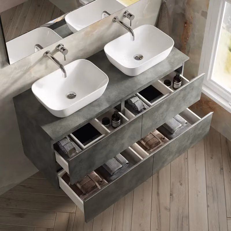 Banyetti Vatilla Wall Hung Vanity Unit with Matching Worktop, Cemento Grey, W: 120 cm – 2