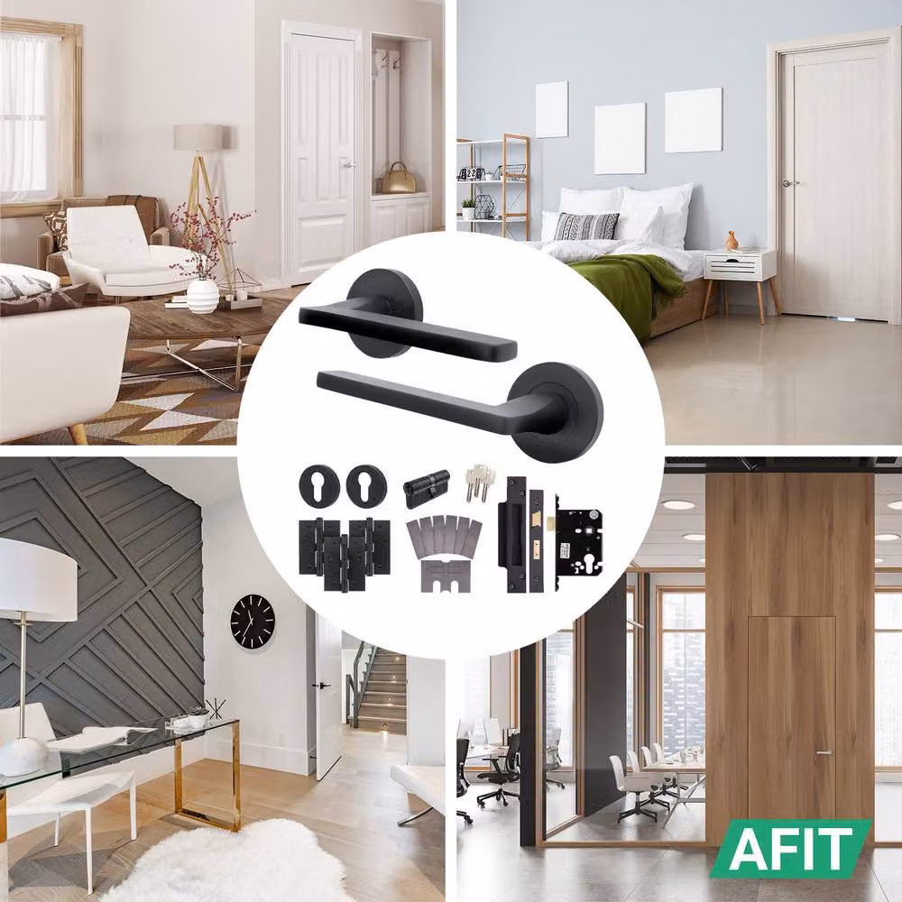 AFIT Matt Black Fire Door Handle Set with Euro Lock Cylinder, Latch and Hinges – 5