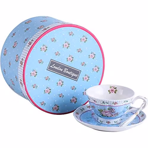 London Boutique Luxury New Bone China Tea Cup and Saucer Set with Vintage Floral Design in Rose Blue, 220ml