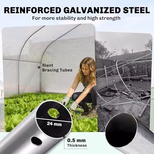 Outsunny White Walk-in Polytunnel Greenhouse with PE Cover, Zipped Roll-Up Sidewalls, Mesh Door and 8 Mesh Windows – 3