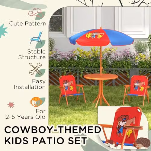 Outsunny Kids Bistro Set Cowboy Theme Table and Chairs in Blue, Red and Multicolour – 4