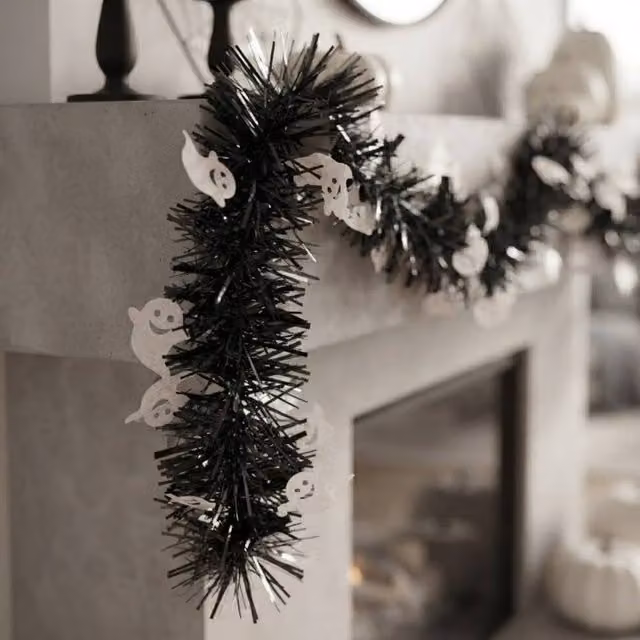 Garden Greatness Spooky Ghost Black and White Tinsel Garland for Halloween