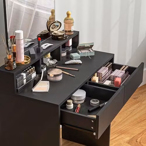 HOMCOM Modern Black Dressing Table with Mirror and 2 Drawers, W: 135 cm, D: 38 cm, H: 75 cm – 6