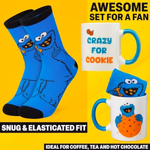 Get Trend Sesame Street Cookie Monster Ceramic Mug and Crew Socks Gift Set, Multicolour, 340ml – 4