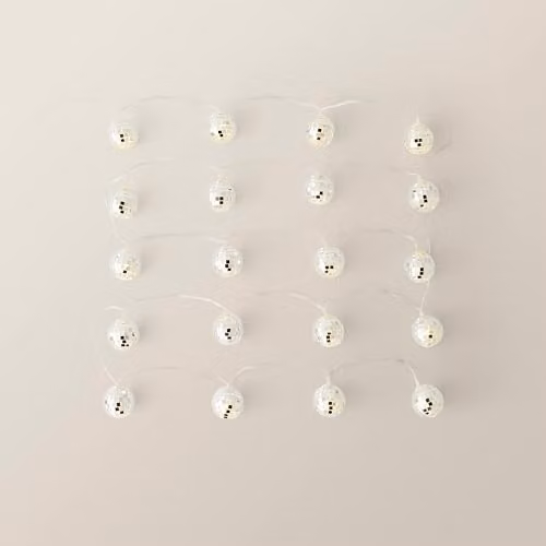 ValueLights Set of 20 Battery Operated LED Mini Silver Mirror Ball String Lights with Warm White Light