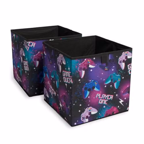 OHS Set of 2 Fabric Gaming Print Collapsible Storage Boxes in Black and Multicolour, W/D/H: 27 x 27 x 27 cm – 1