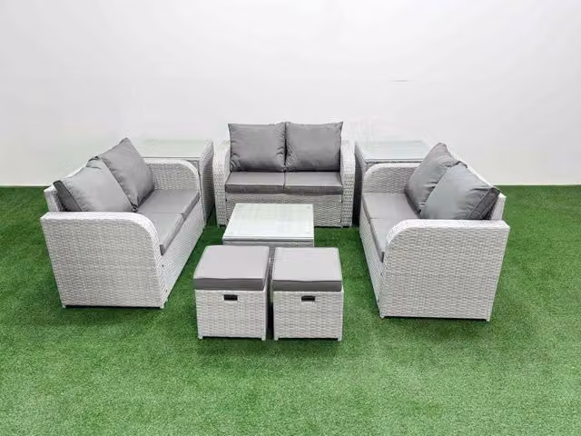 Fimous 8 Seater PE Wicker Rattan Garden Furniture Set in Light Grey with U-Shape Sofa, Coffee Table, 2 Seater Love Sofa, 2 Stools and 2 Side Tables