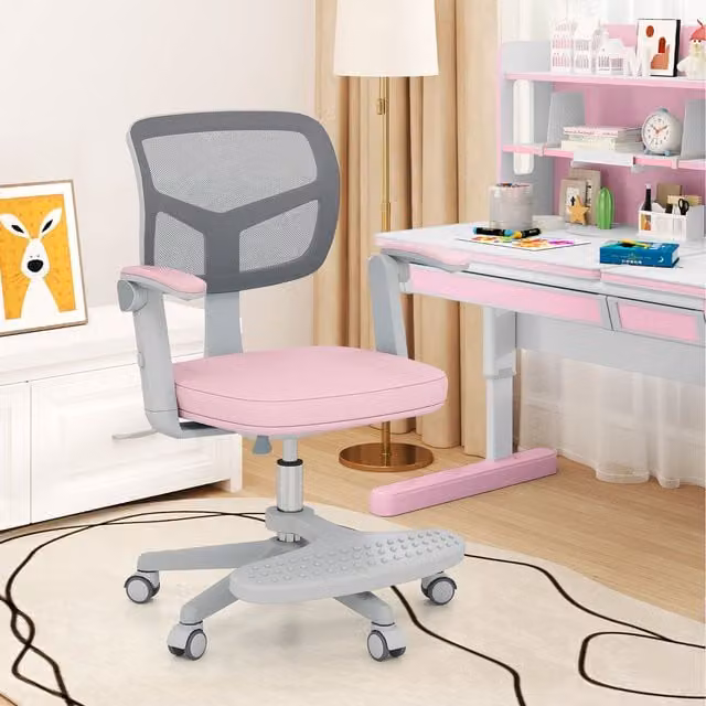 COSTWAY Pink Height Adjustable Swivel Task Chair for Children with Armrests and Castors