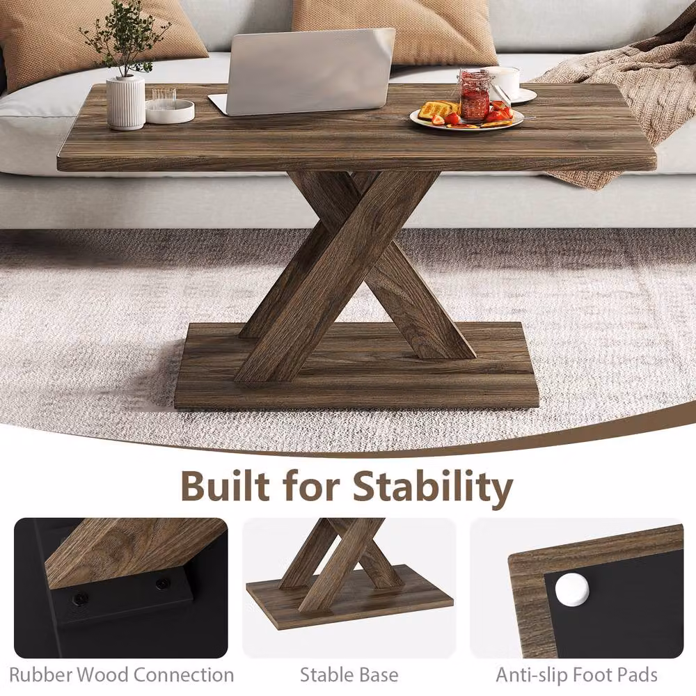 Costway Brown Rectangular Farmhouse Coffee Table with X-Frame Design – 5