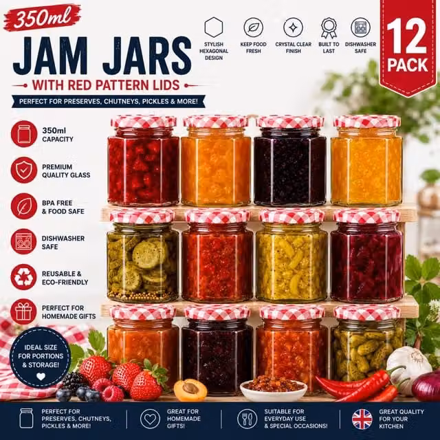 Volila 12 Pack Hexagonal Clear Glass Jam Jars with Screw Lids, 350 ml – 1