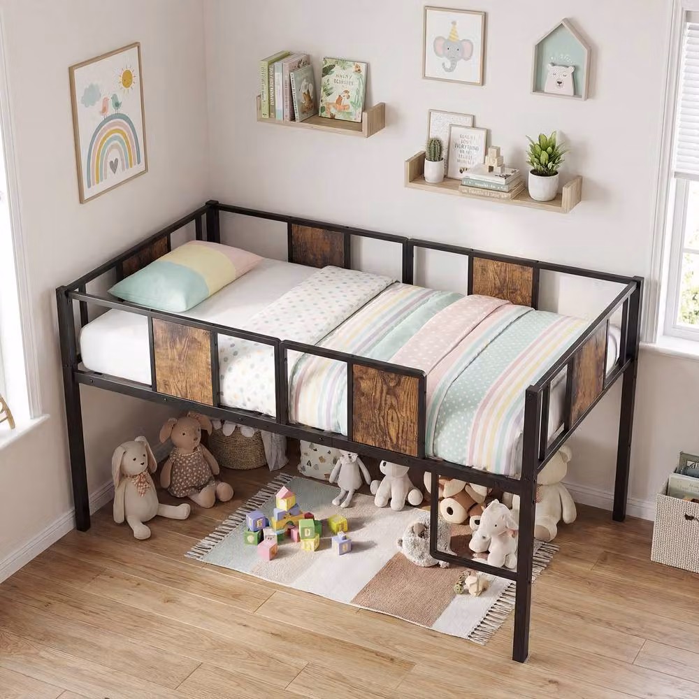 Costway Single Kids Low Loft Bed with Ladder and Guardrail in Brown Metal – 4