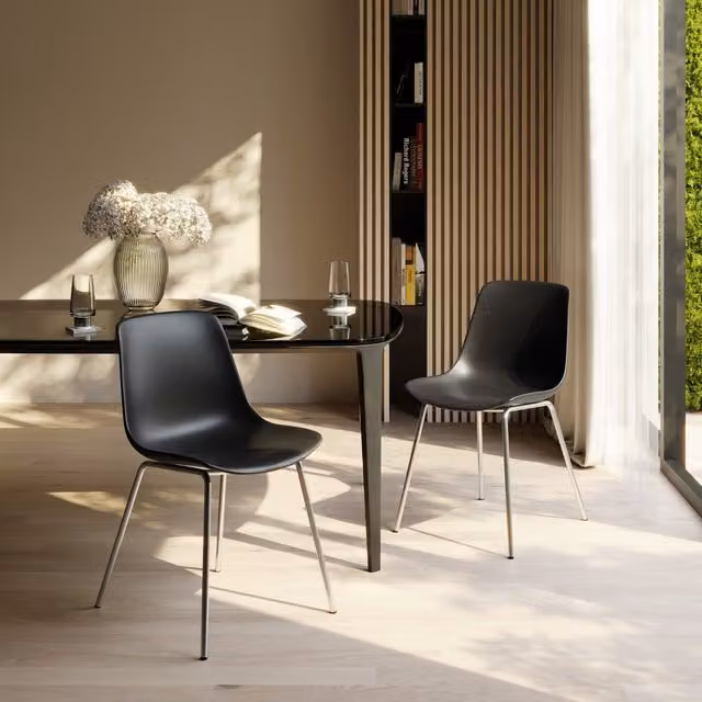 Tectake Set of 2 Modern Dining Chairs in Black Synthetic Leather and Metal