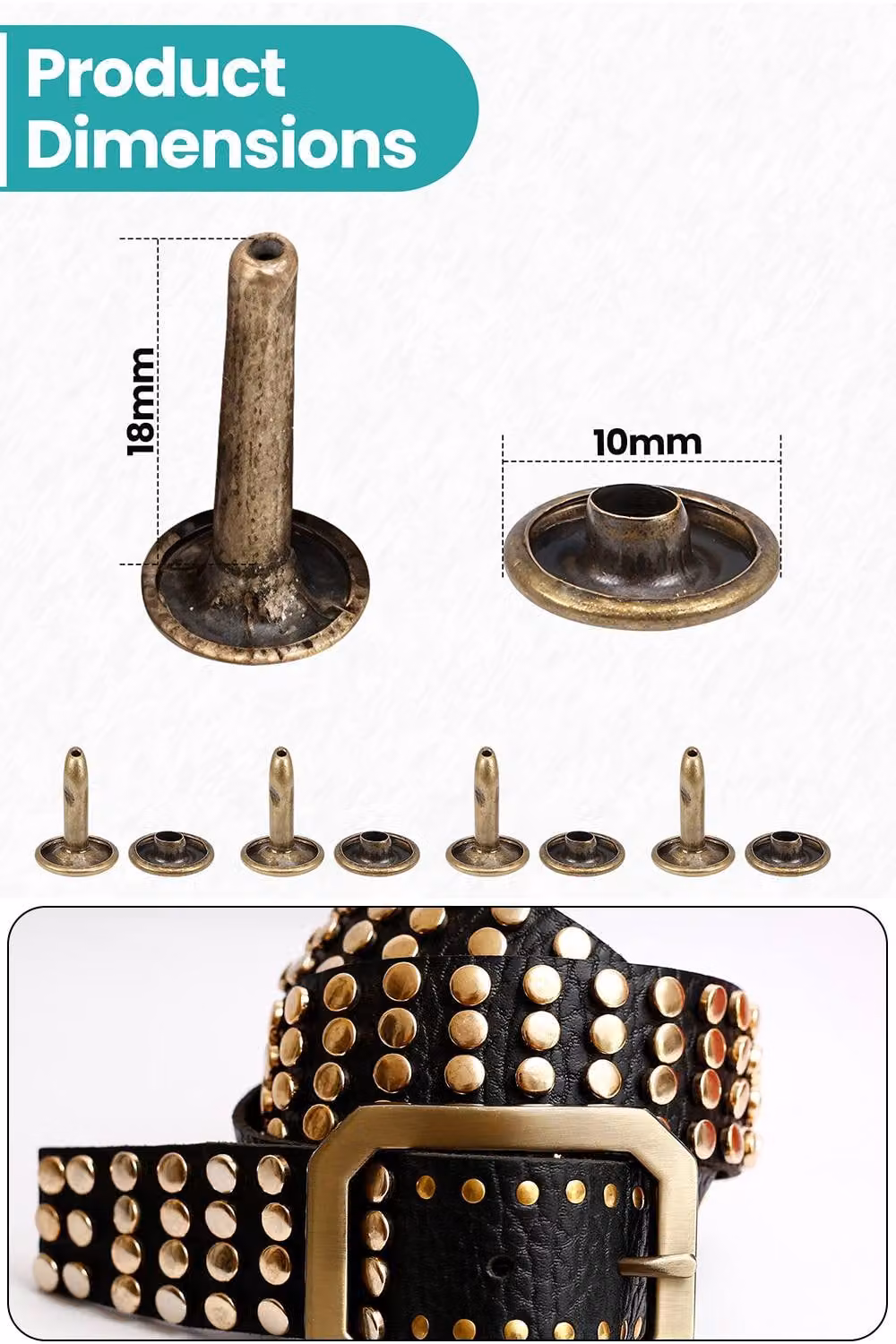 Neel Blue Double Cap Rivets, Extra Long Tubular Metal Studs in Bronze and Blue, 50pcs, W: 10 mm, D: 18 mm – 2