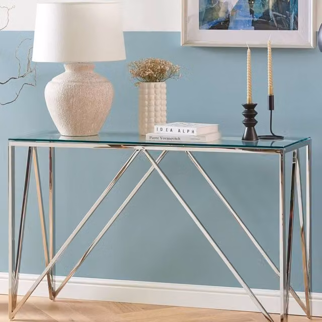 Wyld and Coco Silver Tempered Glass Rectangular Console Table with Stainless Steel X-Frame, W: 120 cm, D: 40 cm