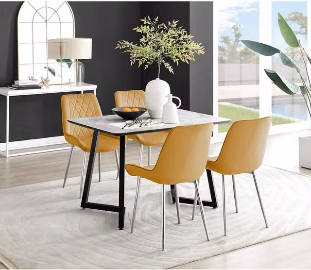 FurnitureboxUK Carson White Marble Effect Dining Table and 4 Pesaro Silver Chairs in Mustard