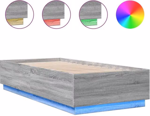 Berkfield Home Modern Bed Frame in Grey Sonoma with LED Under-Bed Lighting and USB Charging Port, W/D/H: 100 x 200 cm