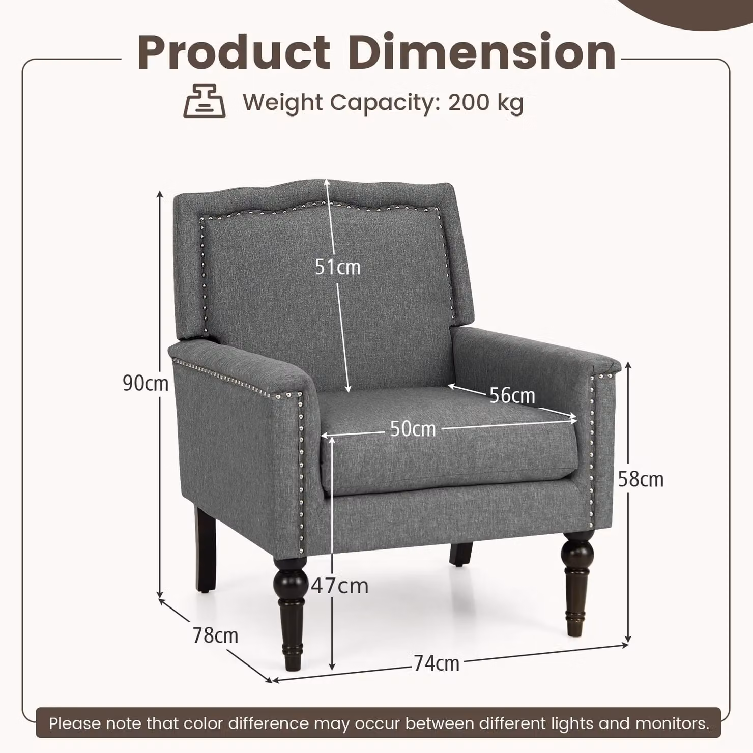 Costway Modern Armchair in Grey Linen Fabric with Nailhead Trim and Rubberwood Legs – 2