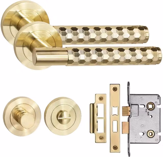 Golden Grace Knurled Cut Hex T-Bar Bathroom Door Handle Set with Mortise Lock and Thumbturn in Brass