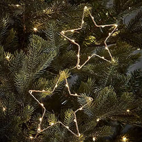 Lights4fun Set of 2 Gold Osby Metal Hanging Star Christmas Decorations with Warm White LEDs, 15 cm – 2