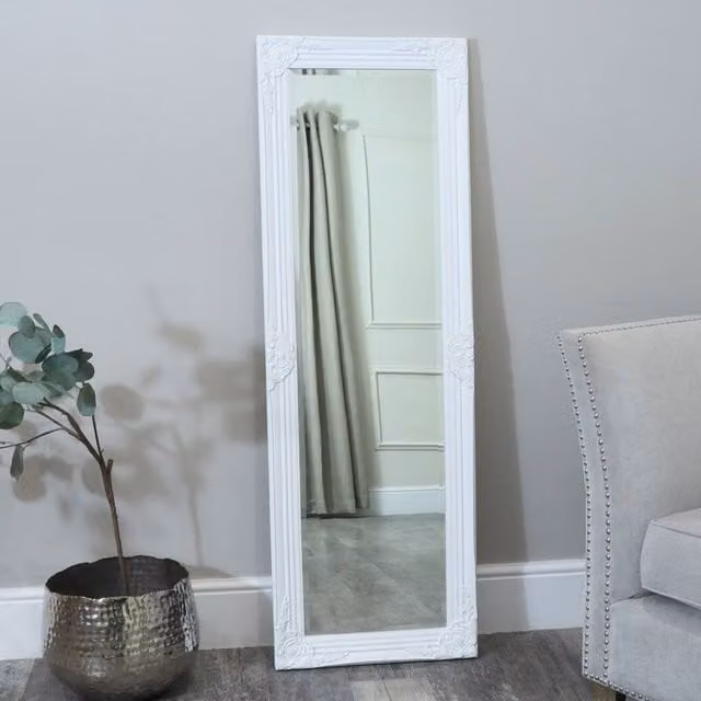 Melody Maison Ornate White Tall Wall or Leaner Mirror, W: 47 cm, H: 142 cm