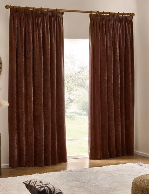 YARD Chocolate Brown Chenille Velvet Pencil Pleat Opaque Curtains H: 229 cm, W: 168 cm