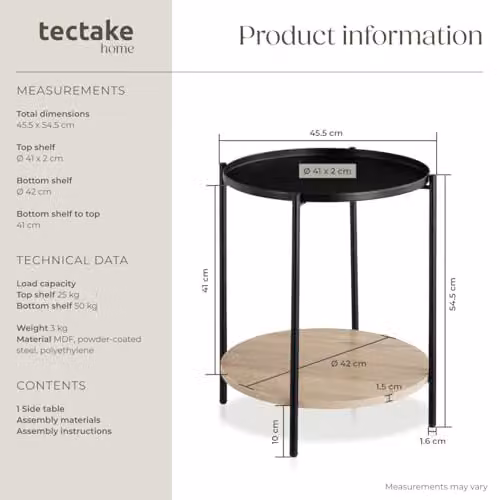 tectake Round Side Table with 2 Shelves and Metal Frame in Oak and Black, Ø 45.5 x H 54.5 cm – 3