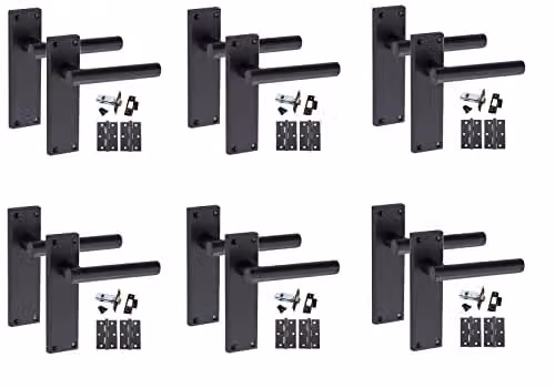 Golden Grace T-Bar Lever Backplate Door Handle Latch Set, Matt Black, 6 Sets