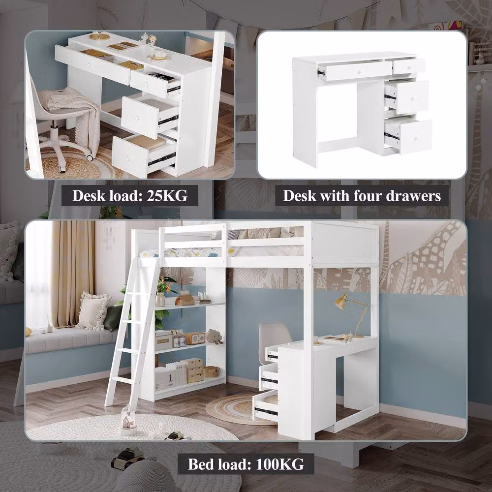 Merax White Single High Sleeper Loft Bed Frame with Desk and Drawers, W/D/H: 90 x 190 x 170 cm – 4